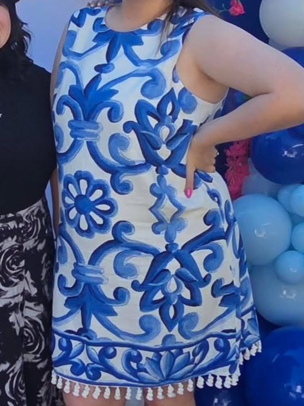 Blue & White Sleeveless Tassel Hem Shift Dress - Picture 7 of 7